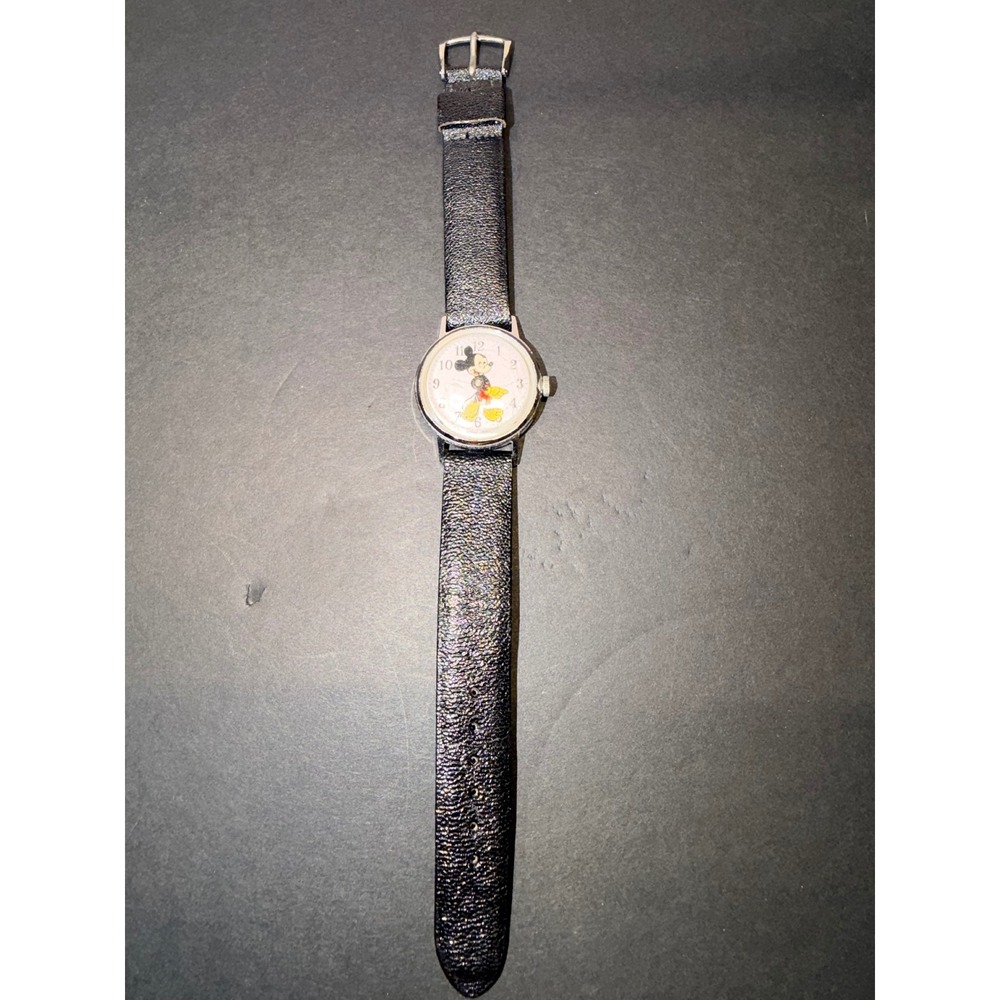 Vintage US Time Mickey Mouse Watch Manual Wind Black Strap Disneyana 30mm